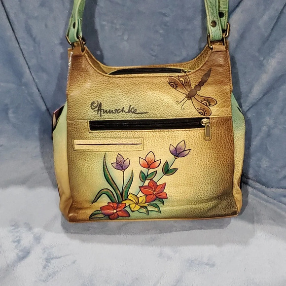 Anuschka nwt handpainted leather butterfly double strap zip around shoulder bag - Picture 6 of 10